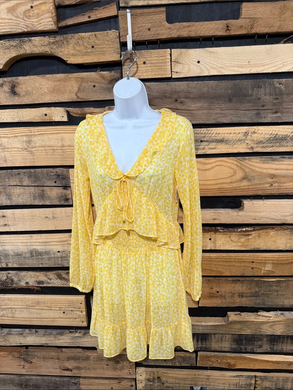 Michael Kors Yellow Floral Print Ruffled MIDI Dress Size Small Petite NWT